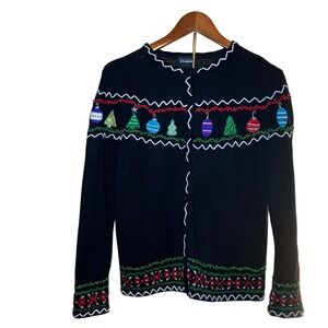 Vintage Studio Works Christmas Cardigan Sweater Black Holiday Ornaments Size M